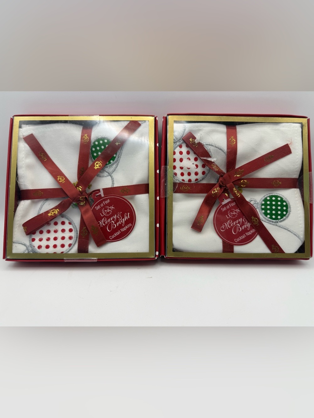 Lenox Merry & Bright White Cocktail Napkins - Red & Green Polka Dot 2 Sets of 4